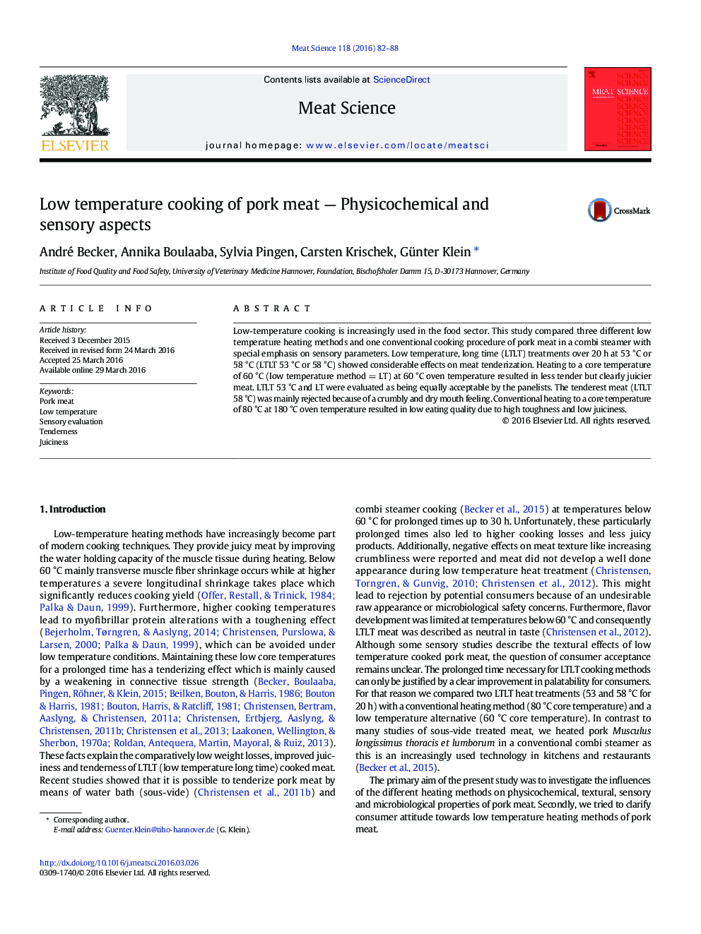 Low temperature cooking of pork meat — Physicochemical and sensory aspects