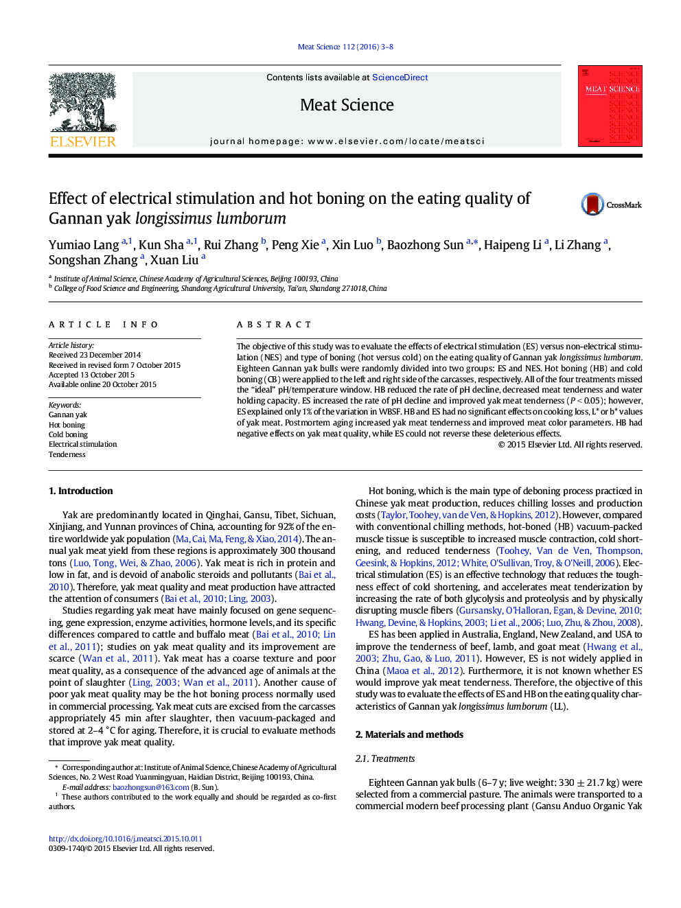 Effect of electrical stimulation and hot boning on the eating quality of Gannan yak longissimus lumborum