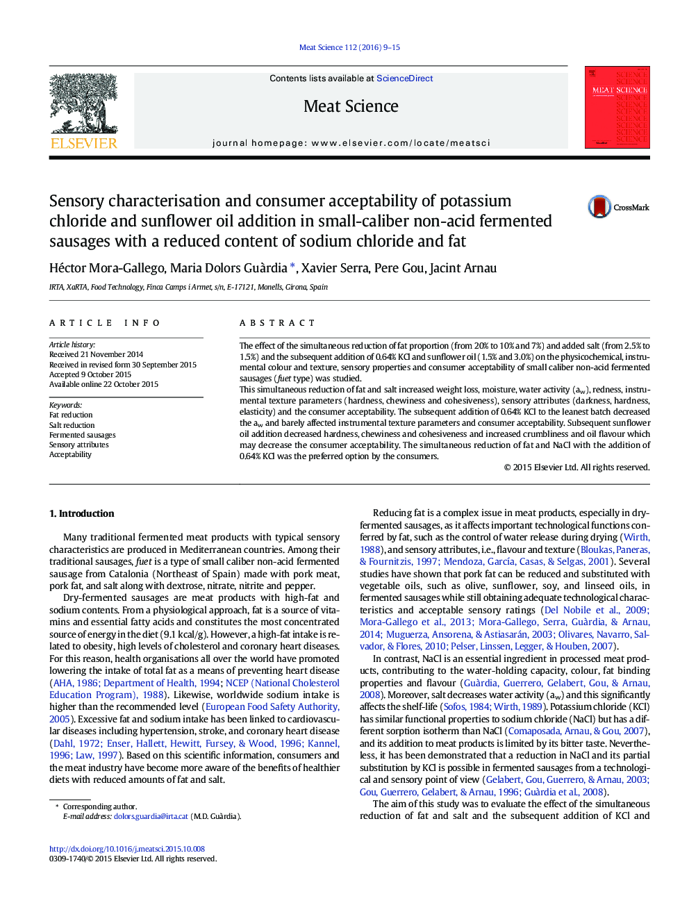 Sensory characterisation and consumer acceptability of potassium chloride and sunflower oil addition in small-caliber non-acid fermented sausages with a reduced content of sodium chloride and fat