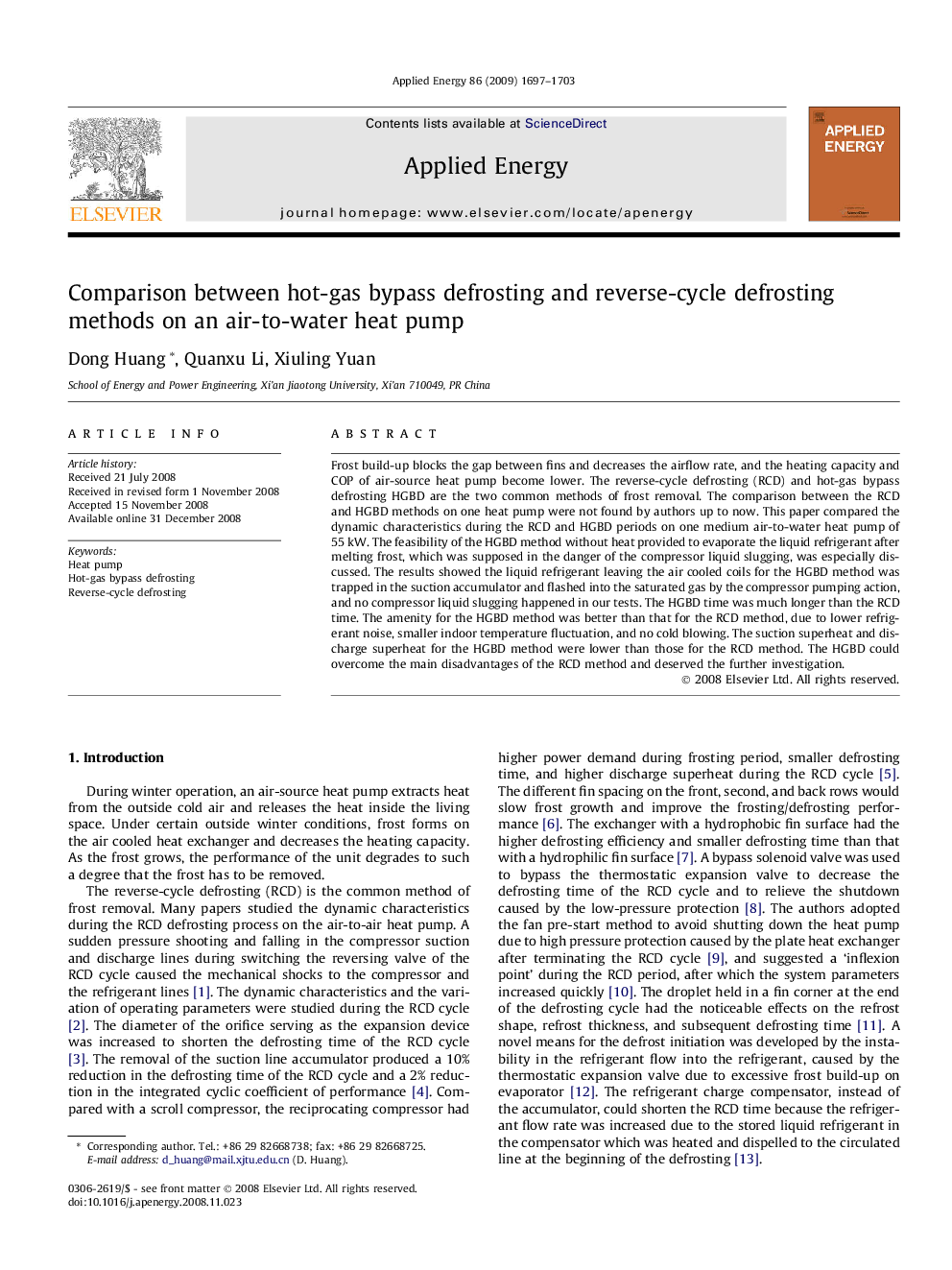 Comparison between hot-gas bypass defrosting and reverse-cycle defrosting methods on an air-to-water heat pump