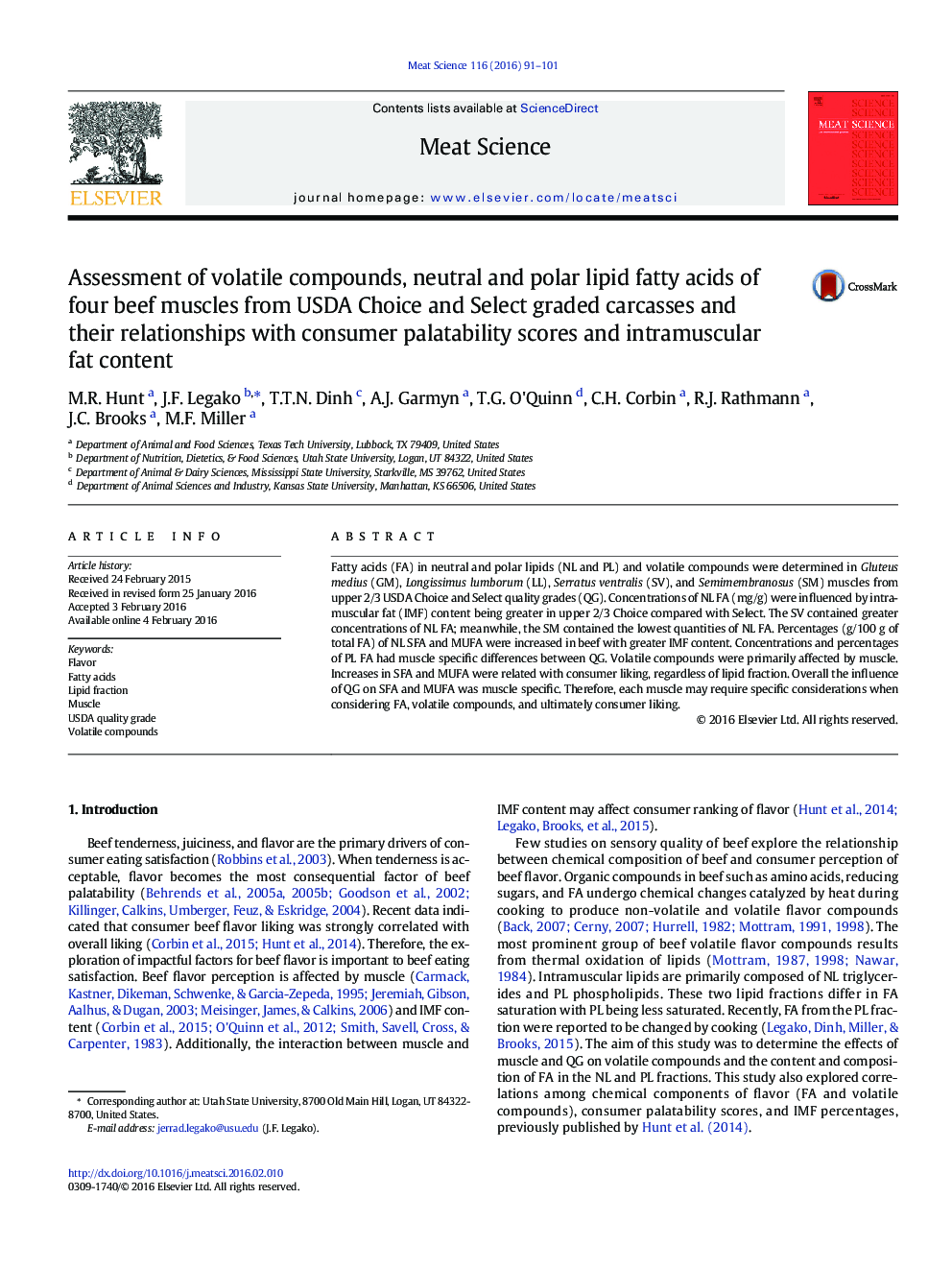 Assessment of volatile compounds, neutral and polar lipid fatty acids of four beef muscles from USDA Choice and Select graded carcasses and their relationships with consumer palatability scores and intramuscular fat content