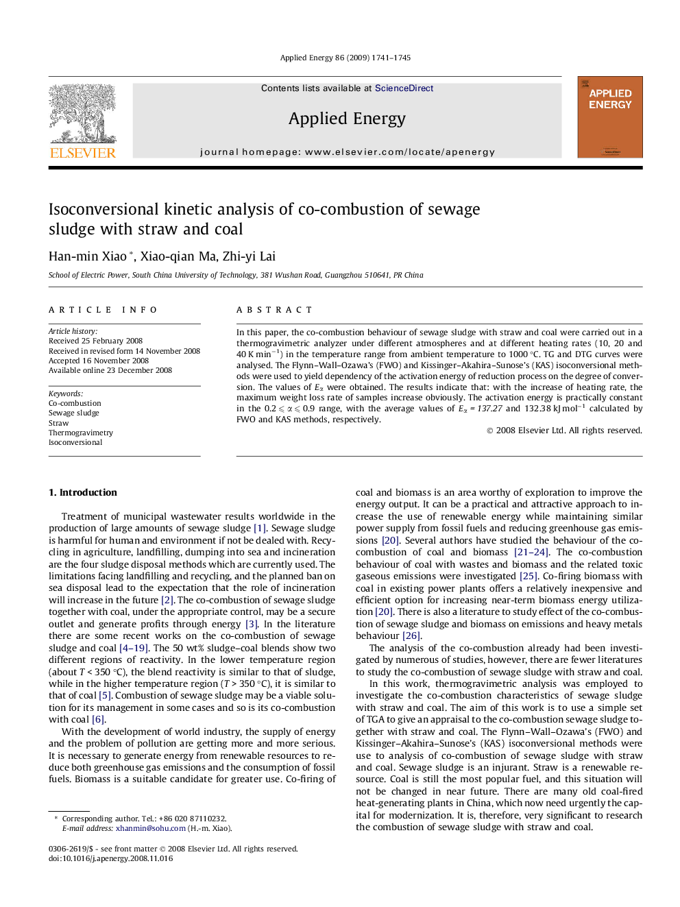 Isoconversional kinetic analysis of co-combustion of sewage sludge with straw and coal