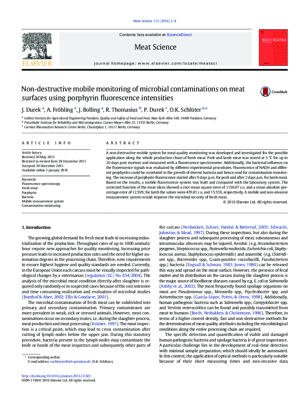 Non-destructive mobile monitoring of microbial contaminations on meat surfaces using porphyrin fluorescence intensities