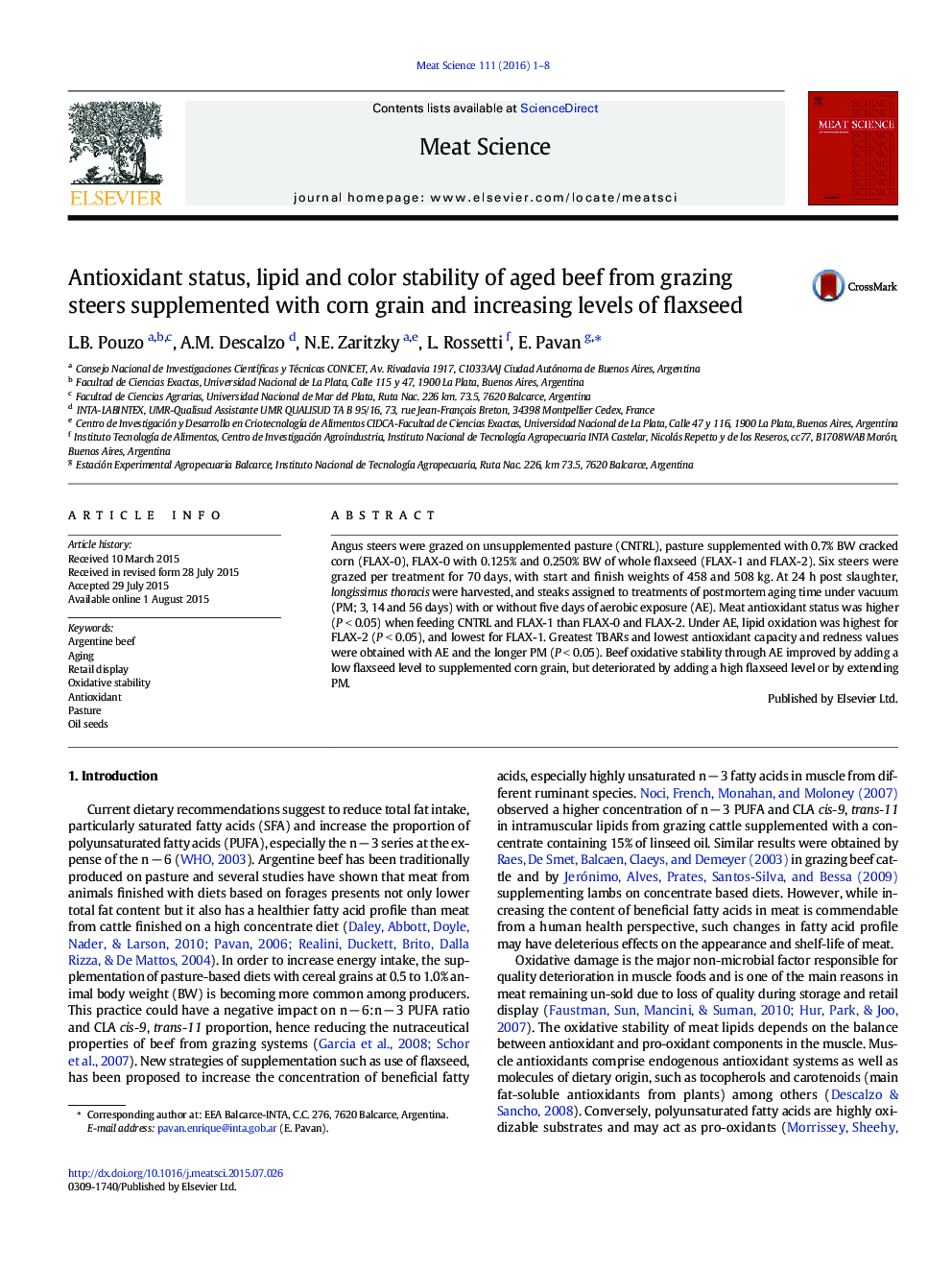 Antioxidant status, lipid and color stability of aged beef from grazing steers supplemented with corn grain and increasing levels of flaxseed