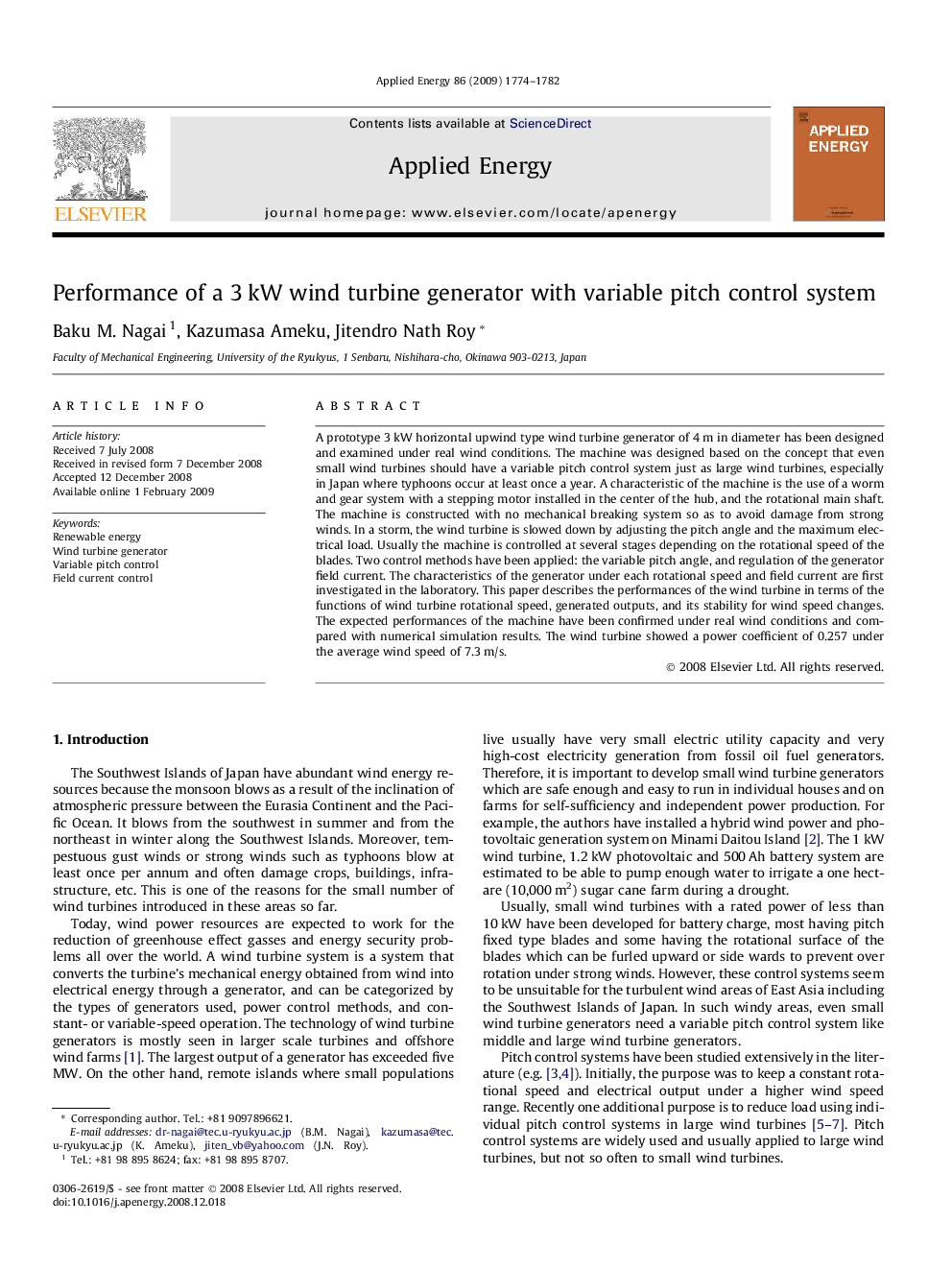 Performance of a 3 kW wind turbine generator with variable pitch control system