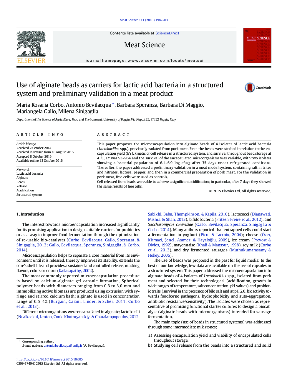 Use of alginate beads as carriers for lactic acid bacteria in a structured system and preliminary validation in a meat product