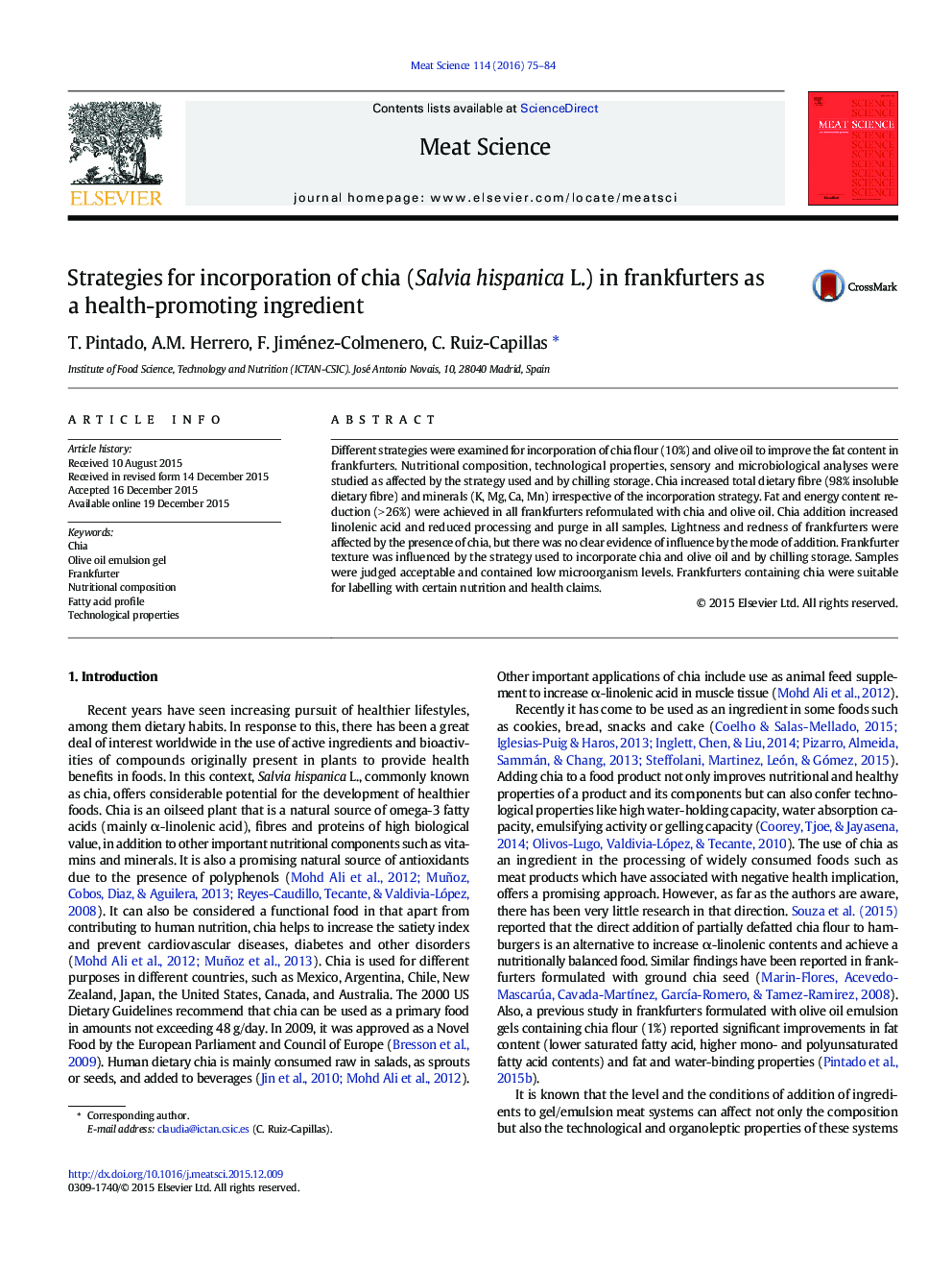 Strategies for incorporation of chia (Salvia hispanica L.) in frankfurters as a health-promoting ingredient