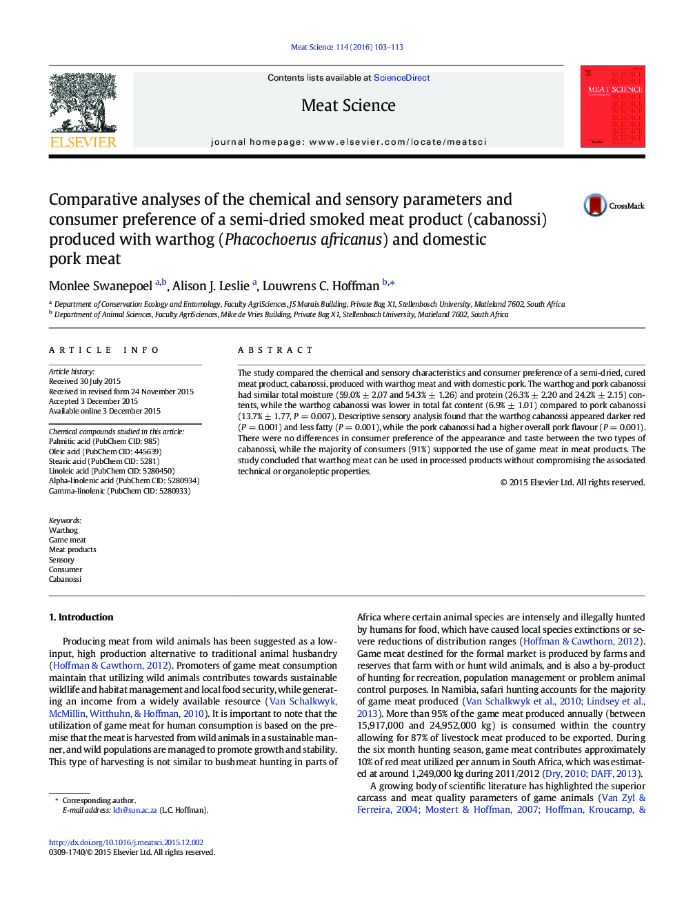 Comparative analyses of the chemical and sensory parameters and consumer preference of a semi-dried smoked meat product (cabanossi) produced with warthog (Phacochoerus africanus) and domestic pork meat