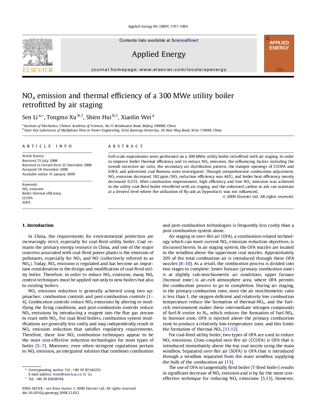 NOx emission and thermal efficiency of a 300 MWe utility boiler retrofitted by air staging