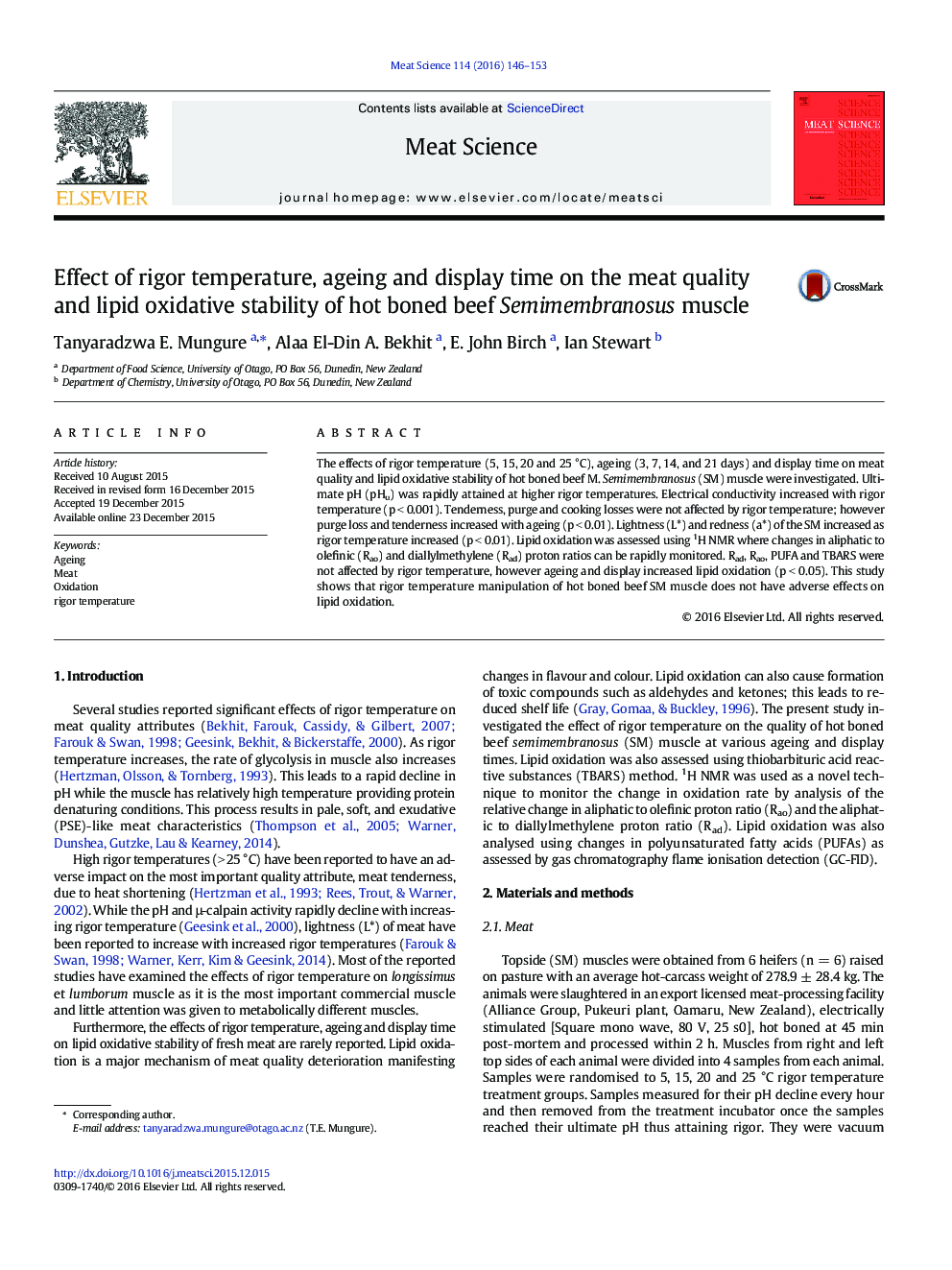 Effect of rigor temperature, ageing and display time on the meat quality and lipid oxidative stability of hot boned beef Semimembranosus muscle