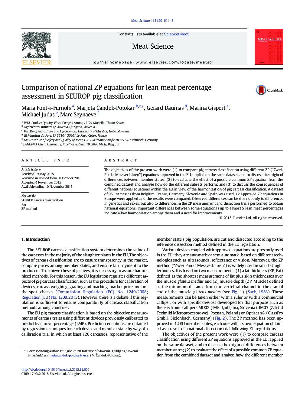 Comparison of national ZP equations for lean meat percentage assessment in SEUROP pig classification