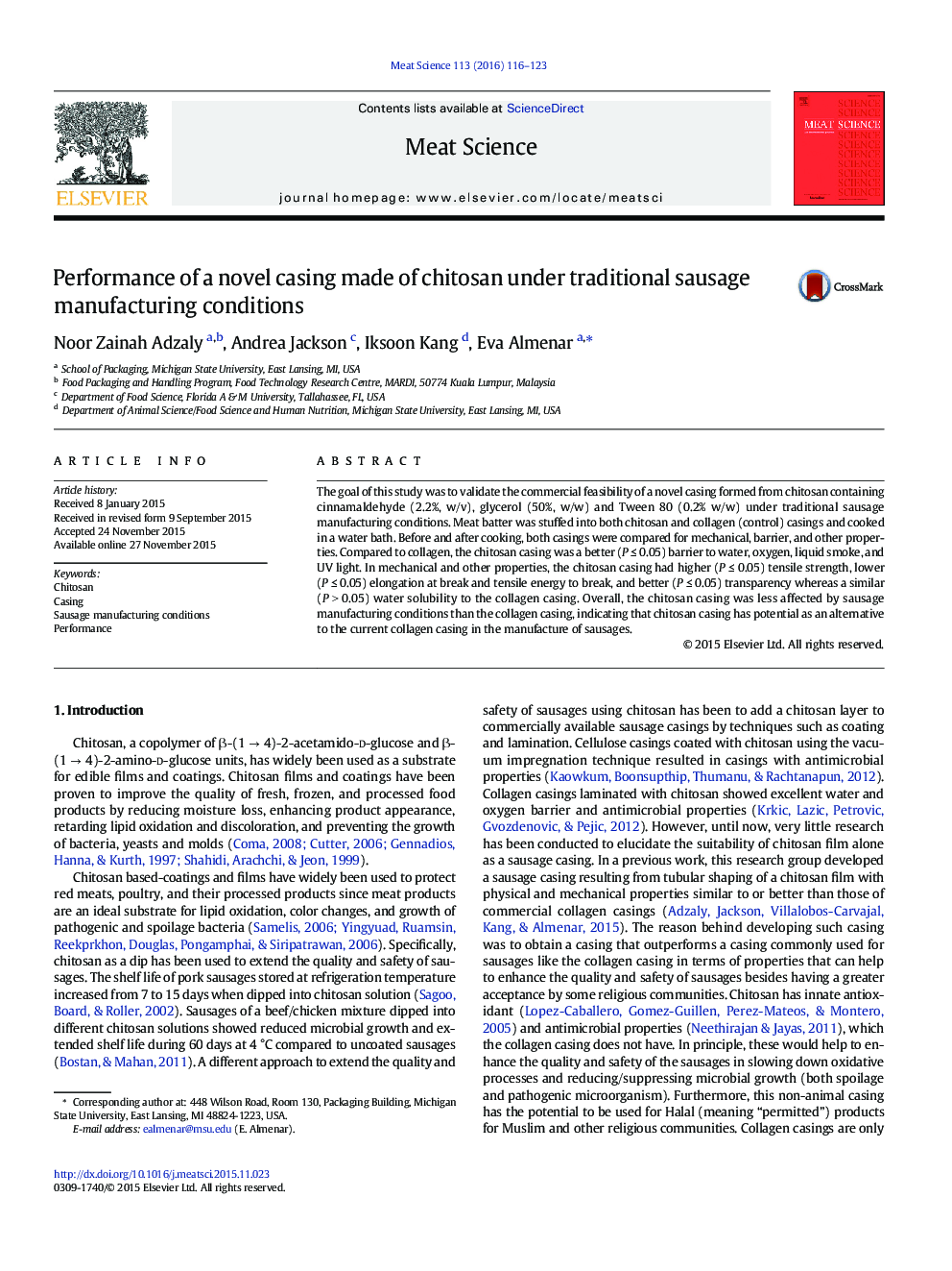 Performance of a novel casing made of chitosan under traditional sausage manufacturing conditions