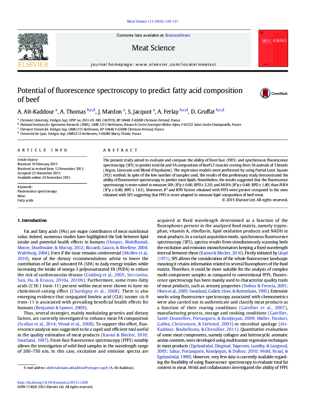 Potential of fluorescence spectroscopy to predict fatty acid composition of beef