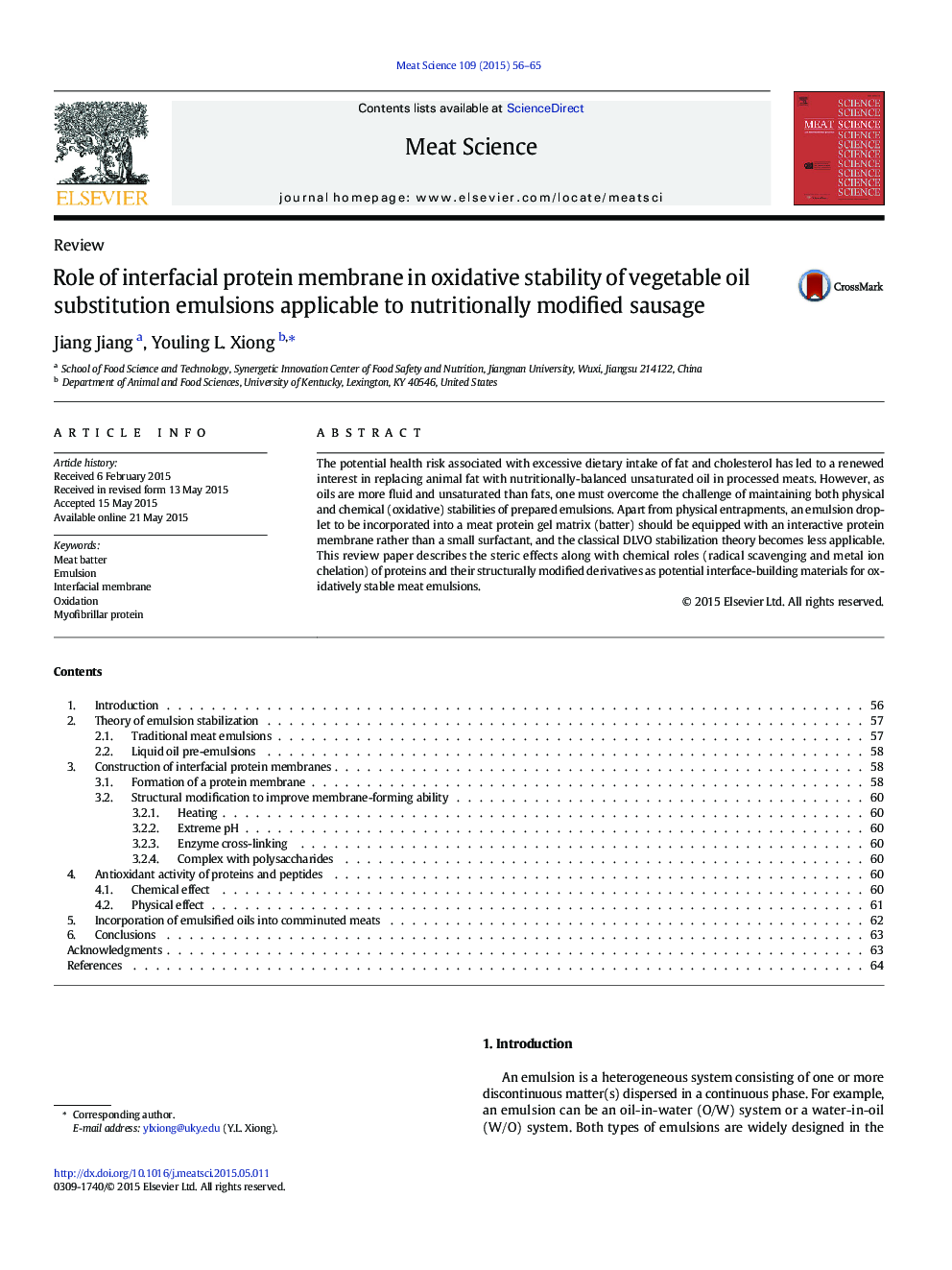 Role of interfacial protein membrane in oxidative stability of vegetable oil substitution emulsions applicable to nutritionally modified sausage