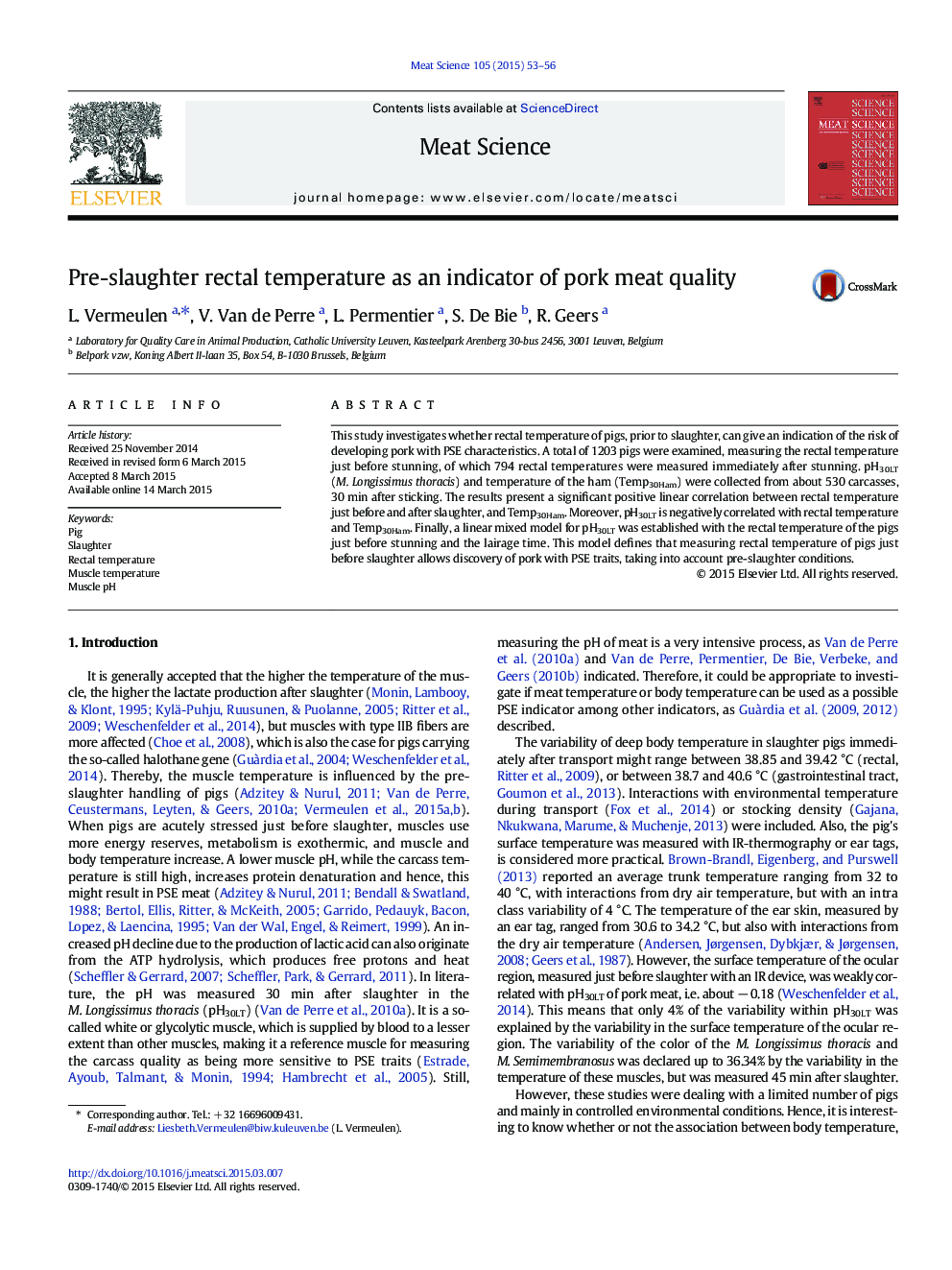 Pre-slaughter rectal temperature as an indicator of pork meat quality