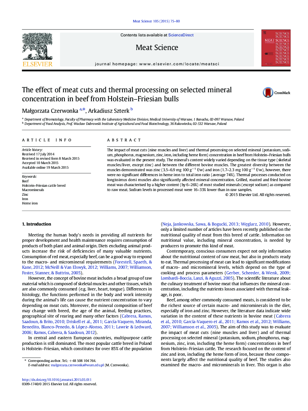 The effect of meat cuts and thermal processing on selected mineral concentration in beef from Holstein–Friesian bulls