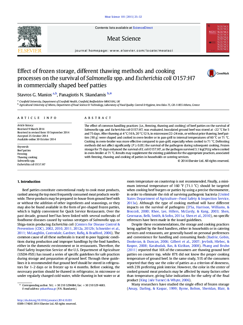 Effect of frozen storage, different thawing methods and cooking processes on the survival of Salmonella spp. and Escherichia coli O157:H7 in commercially shaped beef patties