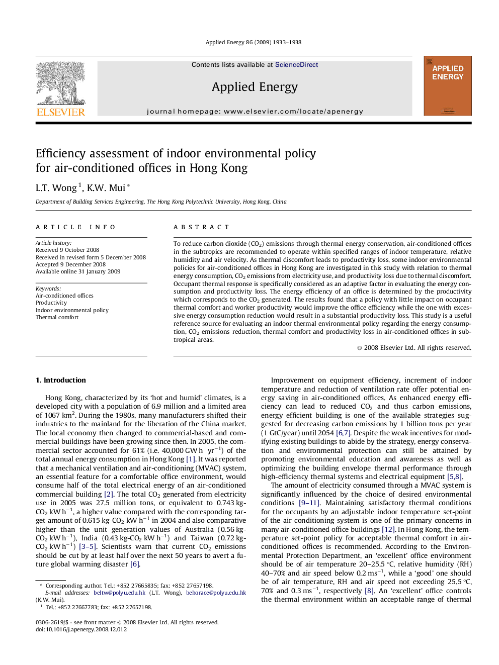 Efficiency assessment of indoor environmental policy for air-conditioned offices in Hong Kong