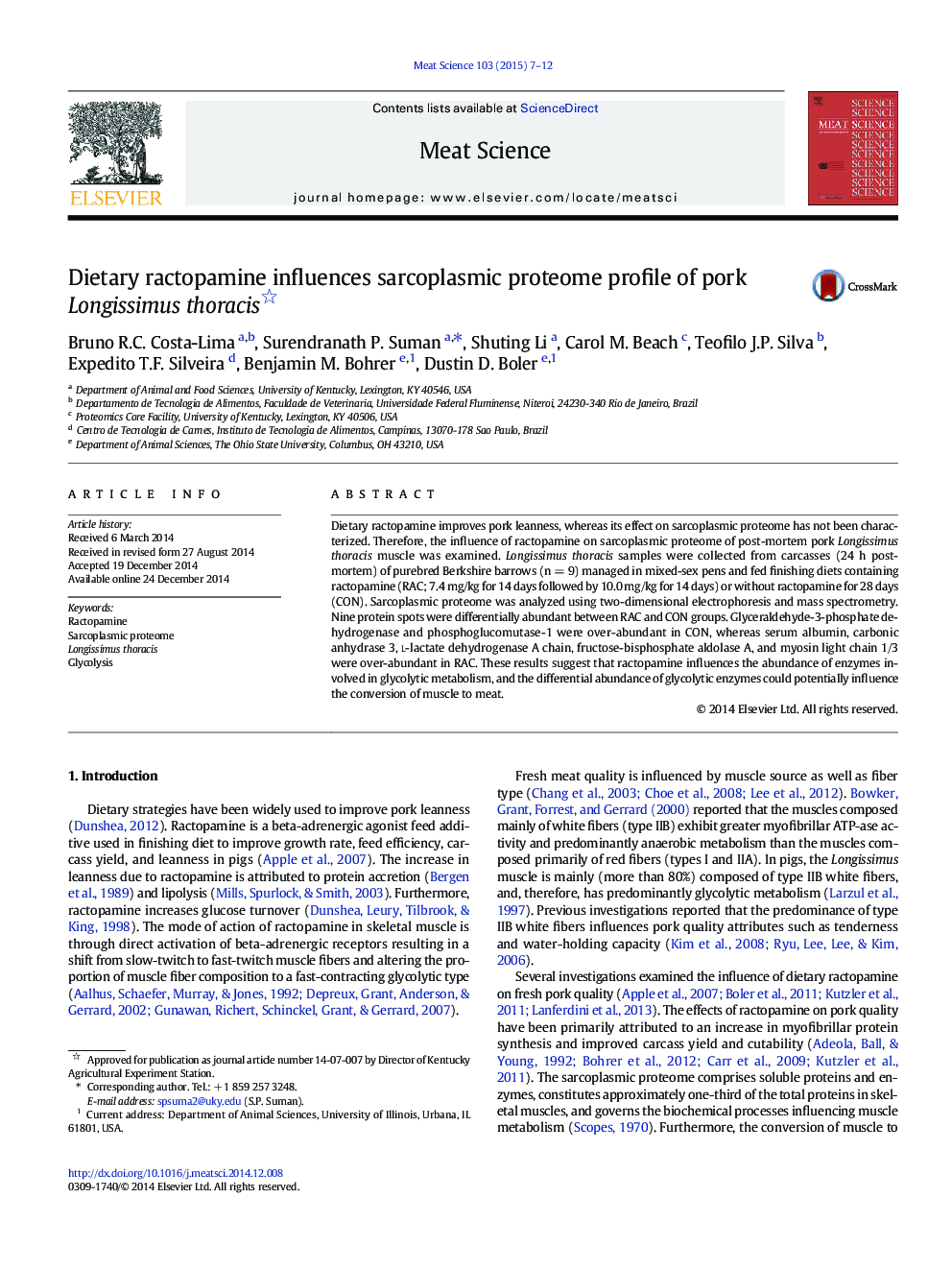 Dietary ractopamine influences sarcoplasmic proteome profile of pork Longissimus thoracis 