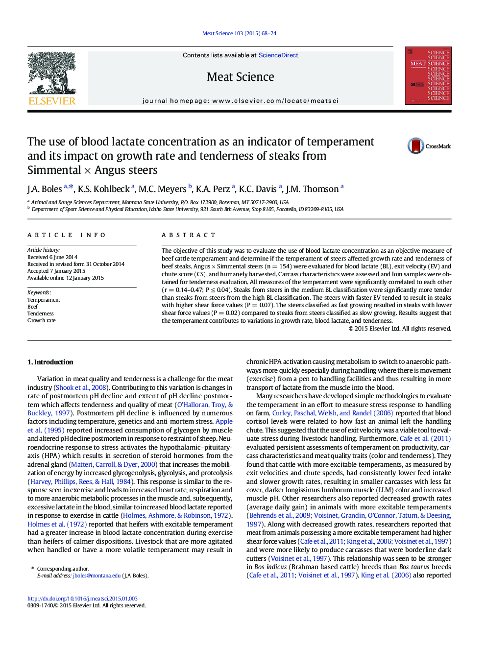 The use of blood lactate concentration as an indicator of temperament and its impact on growth rate and tenderness of steaks from Simmental × Angus steers