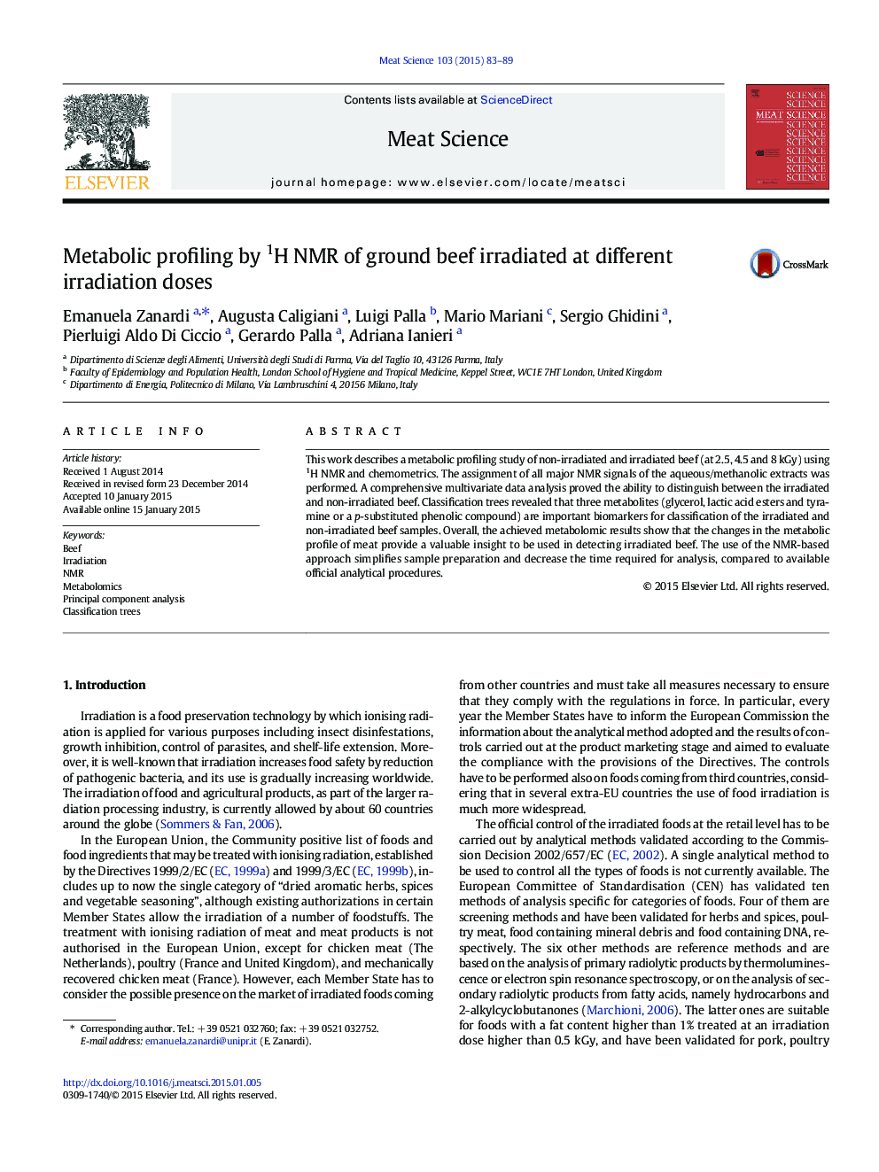 Metabolic profiling by 1H NMR of ground beef irradiated at different irradiation doses