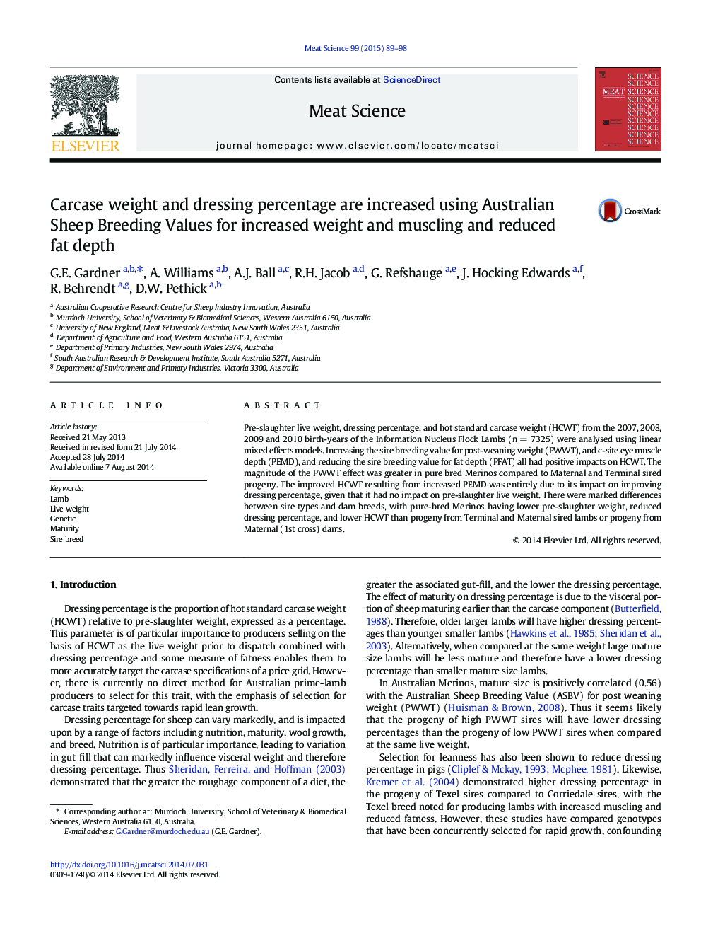 Carcase weight and dressing percentage are increased using Australian Sheep Breeding Values for increased weight and muscling and reduced fat depth