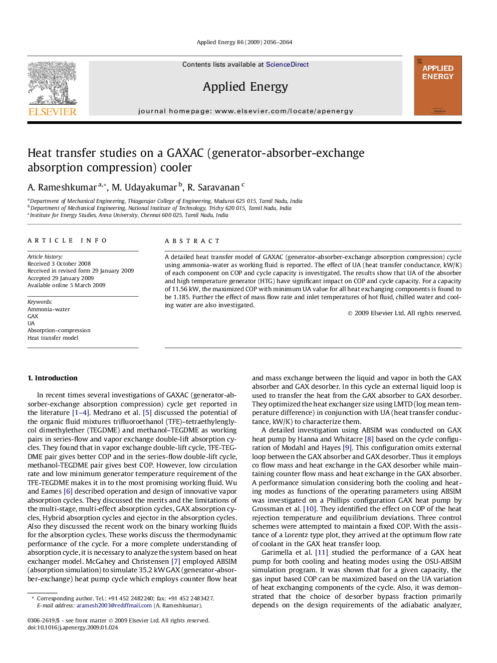 Heat transfer studies on a GAXAC (generator-absorber-exchange absorption compression) cooler