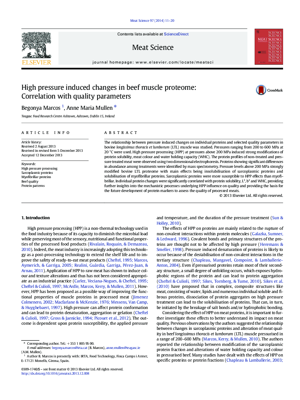 High pressure induced changes in beef muscle proteome: Correlation with quality parameters