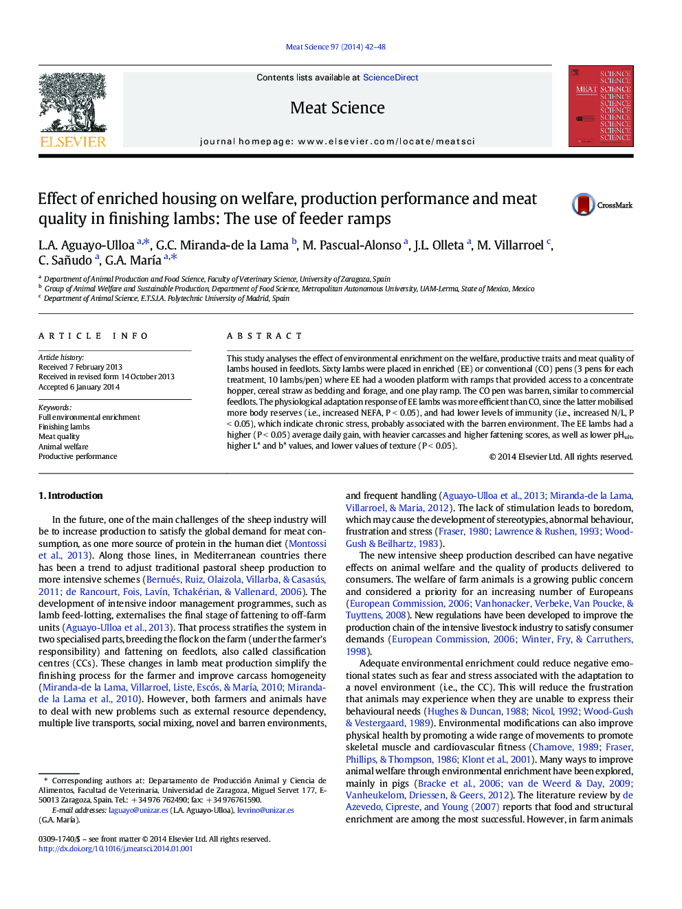 Effect of enriched housing on welfare, production performance and meat quality in finishing lambs: The use of feeder ramps