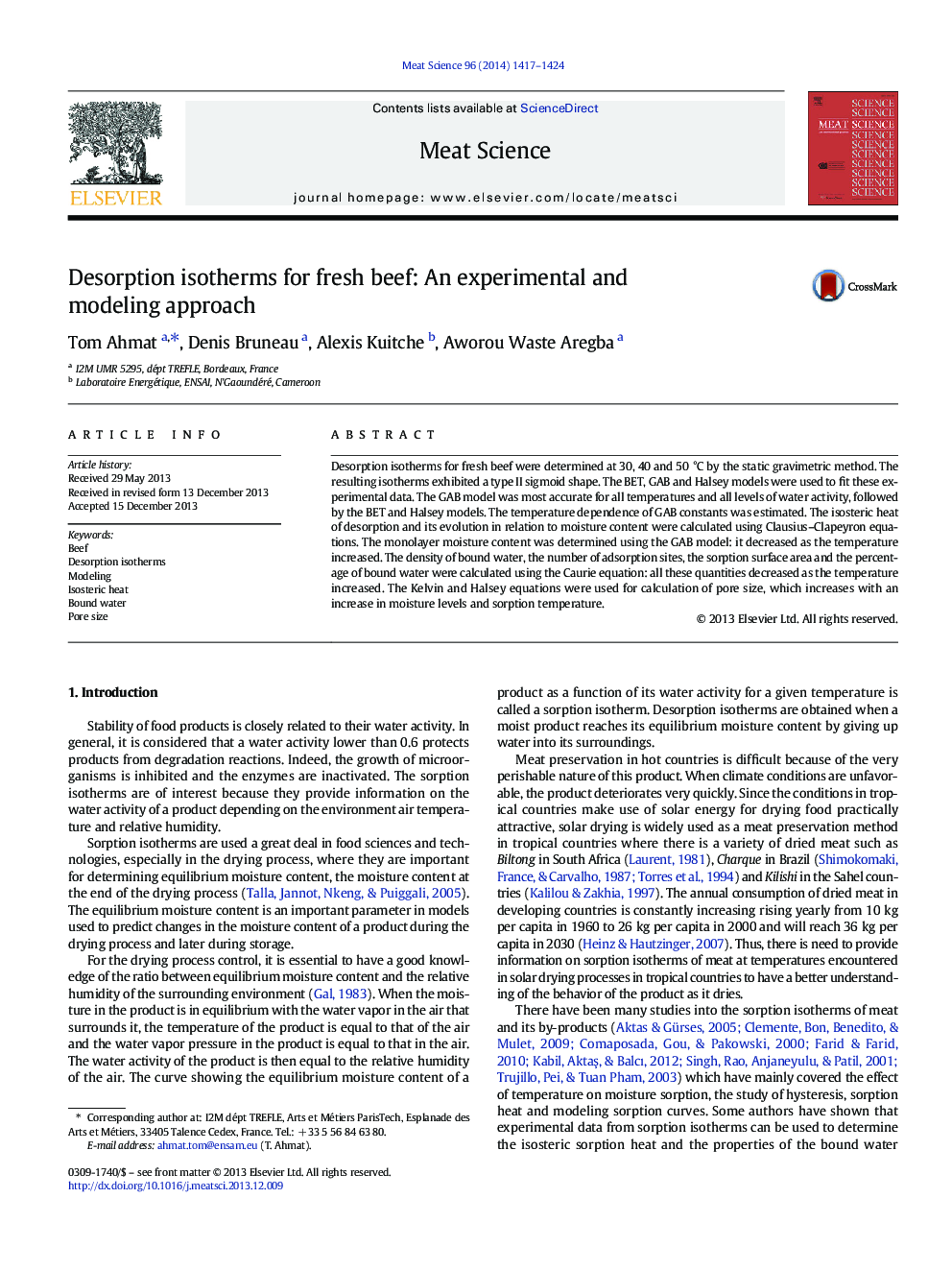 Desorption isotherms for fresh beef: An experimental and modeling approach