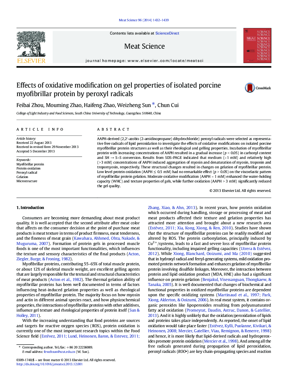 Effects of oxidative modification on gel properties of isolated porcine myofibrillar protein by peroxyl radicals