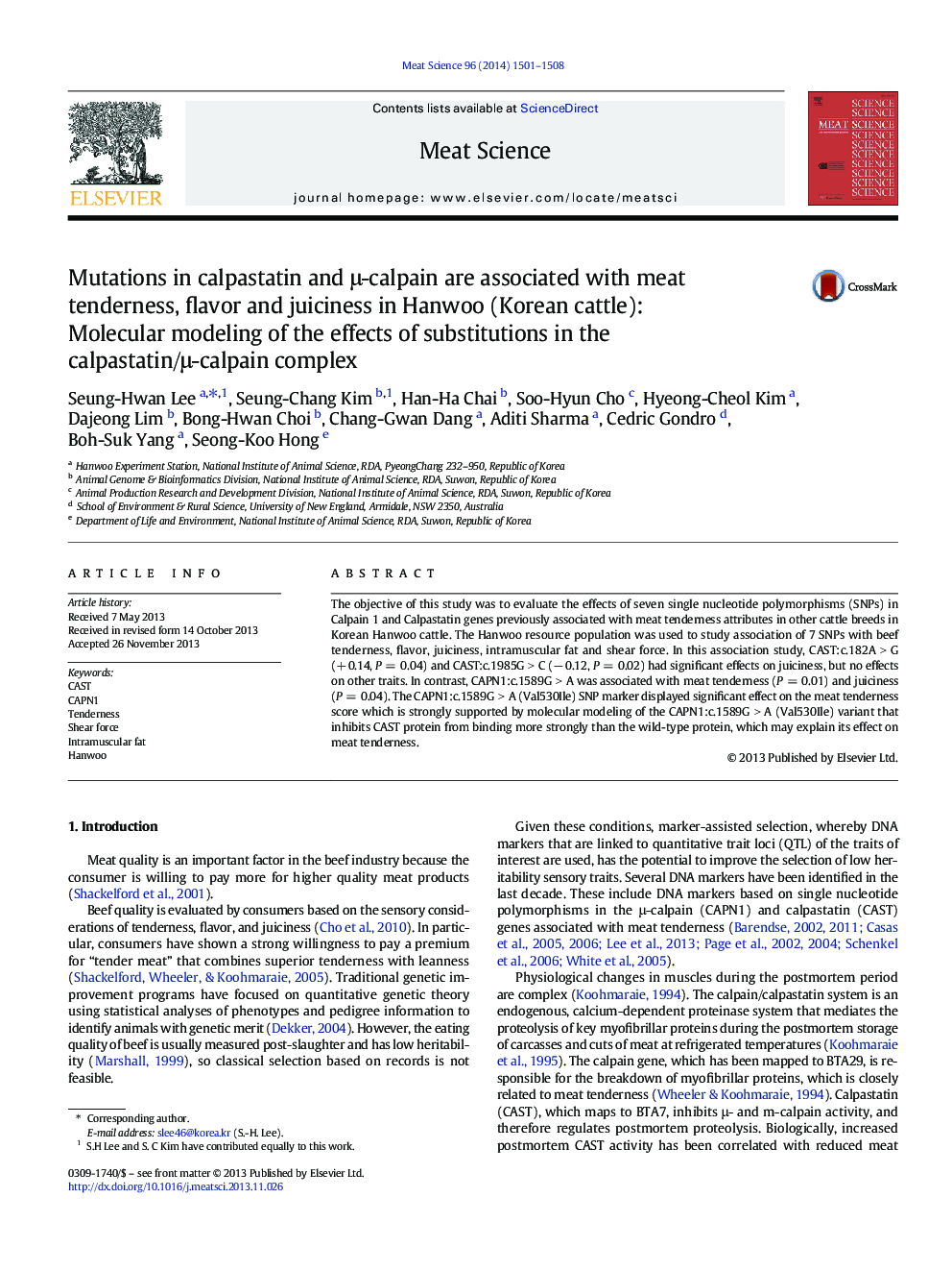 Mutations in calpastatin and μ-calpain are associated with meat tenderness, flavor and juiciness in Hanwoo (Korean cattle): Molecular modeling of the effects of substitutions in the calpastatin/μ-calpain complex