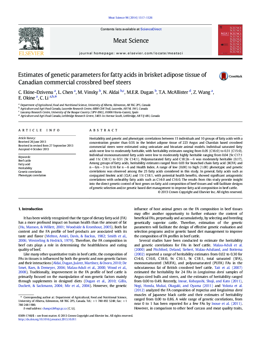 Estimates of genetic parameters for fatty acids in brisket adipose tissue of Canadian commercial crossbred beef steers