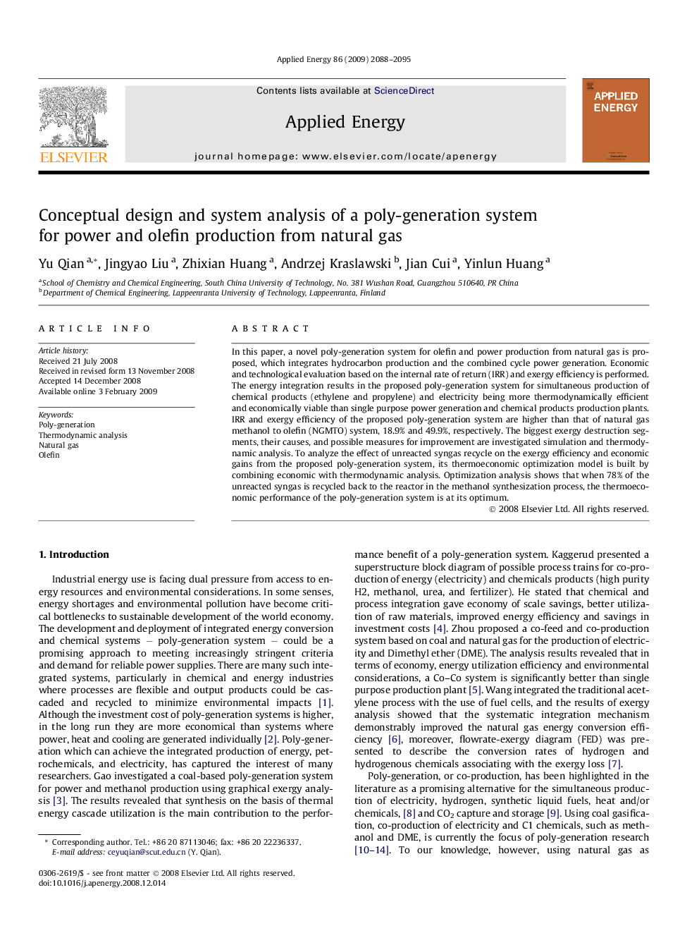 Conceptual design and system analysis of a poly-generation system for power and olefin production from natural gas