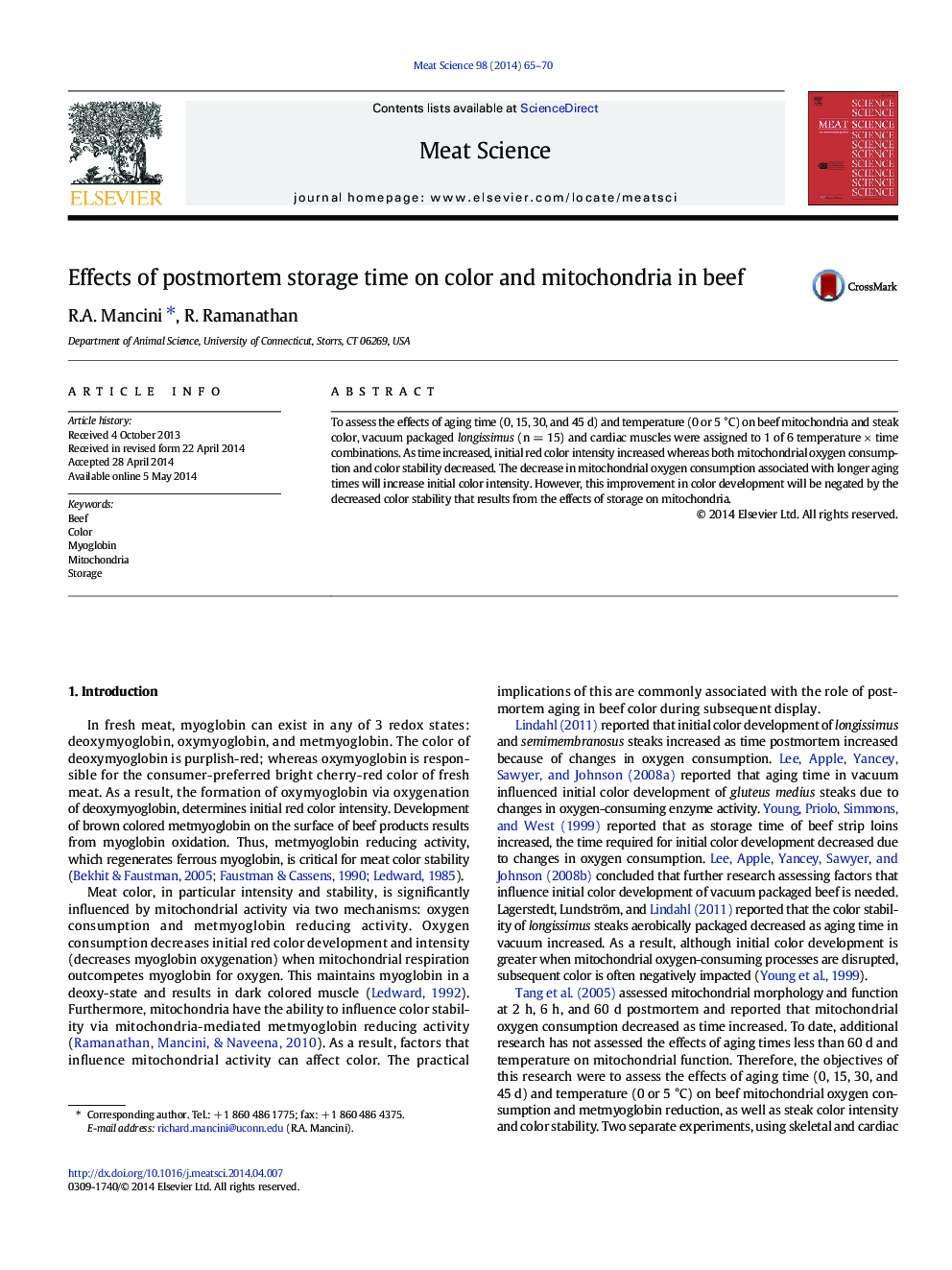 Effects of postmortem storage time on color and mitochondria in beef