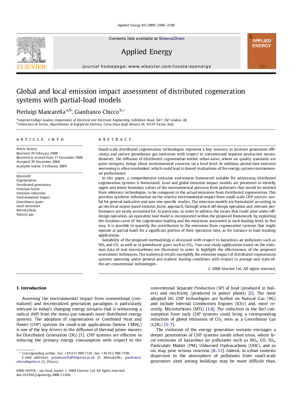 Global and local emission impact assessment of distributed cogeneration systems with partial-load models