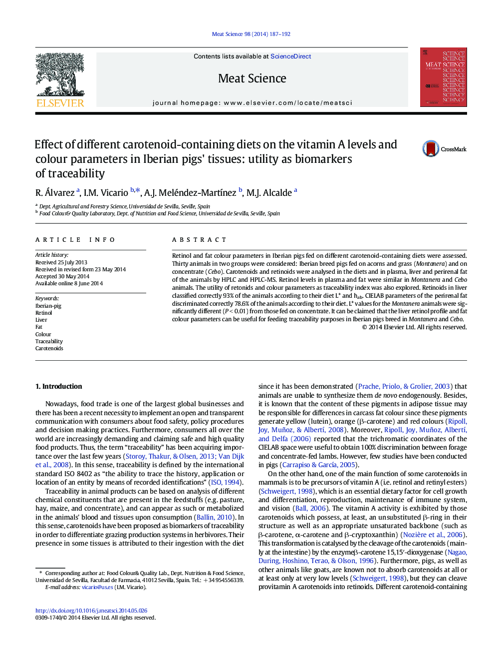 Effect of different carotenoid-containing diets on the vitamin A levels and colour parameters in Iberian pigs' tissues: utility as biomarkers of traceability