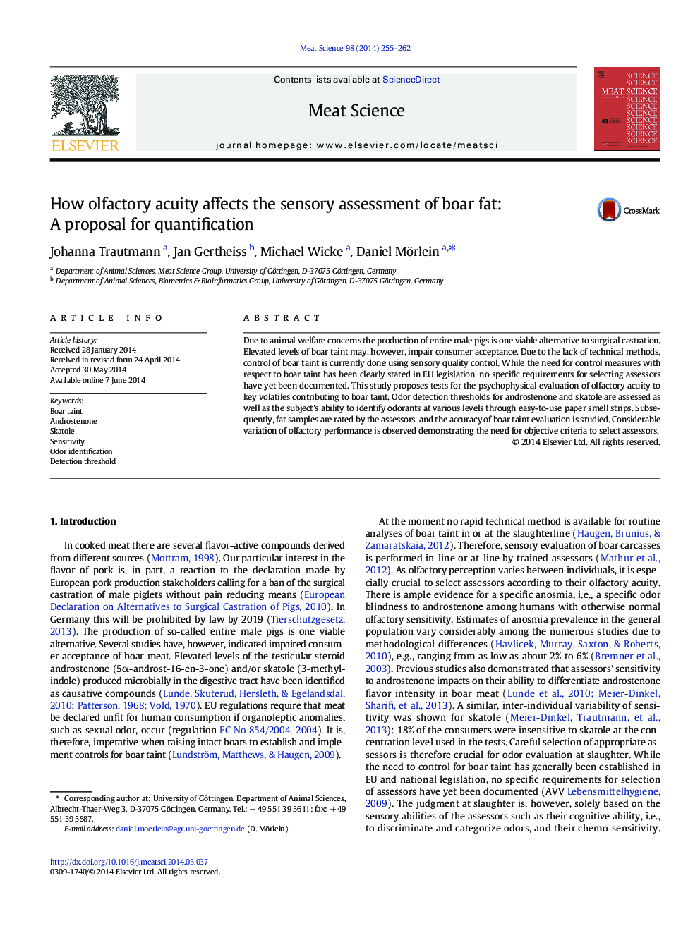 How olfactory acuity affects the sensory assessment of boar fat: A proposal for quantification