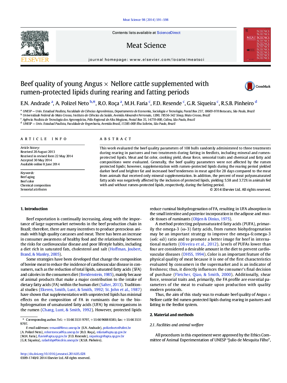 Beef quality of young Angus × Nellore cattle supplemented with rumen-protected lipids during rearing and fatting periods