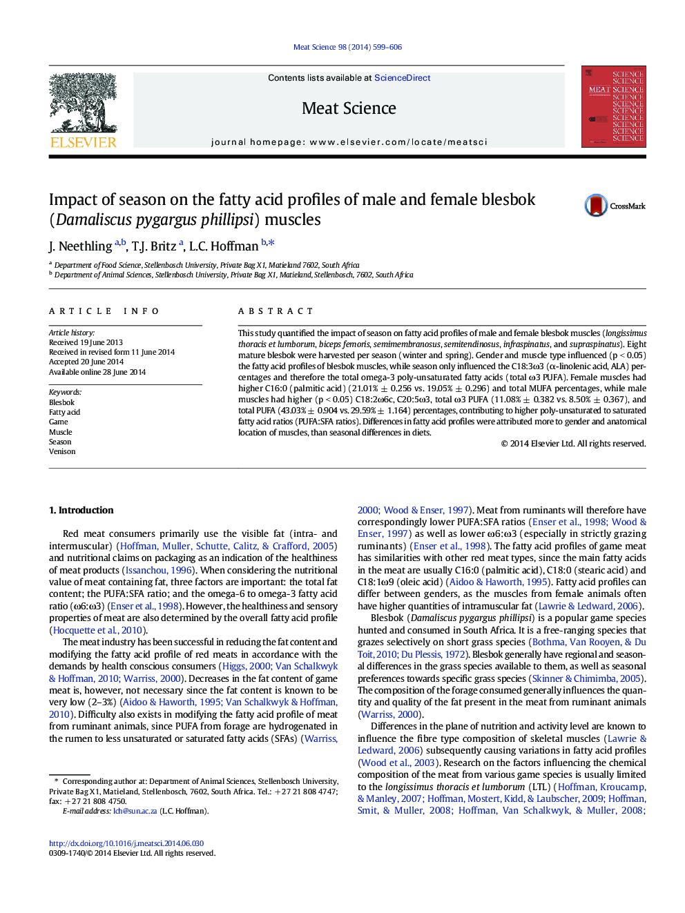 Impact of season on the fatty acid profiles of male and female blesbok (Damaliscus pygargus phillipsi) muscles