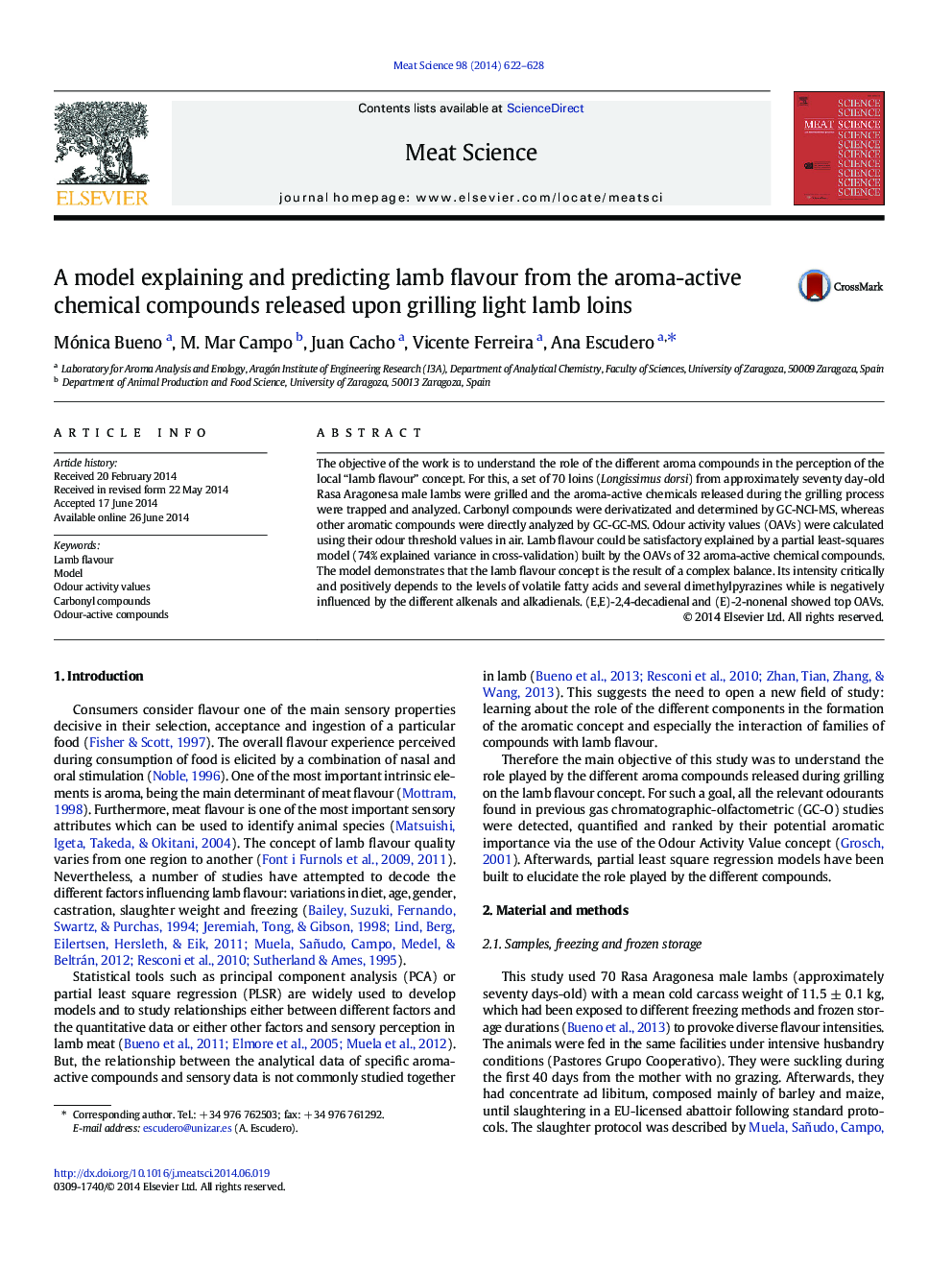 یک مدل توضیح و پیش بینی عطر و طعم بره را از ترکیبات شیمیایی فعال عطر منتشر شده بر روی غربال بره های بره نور 
