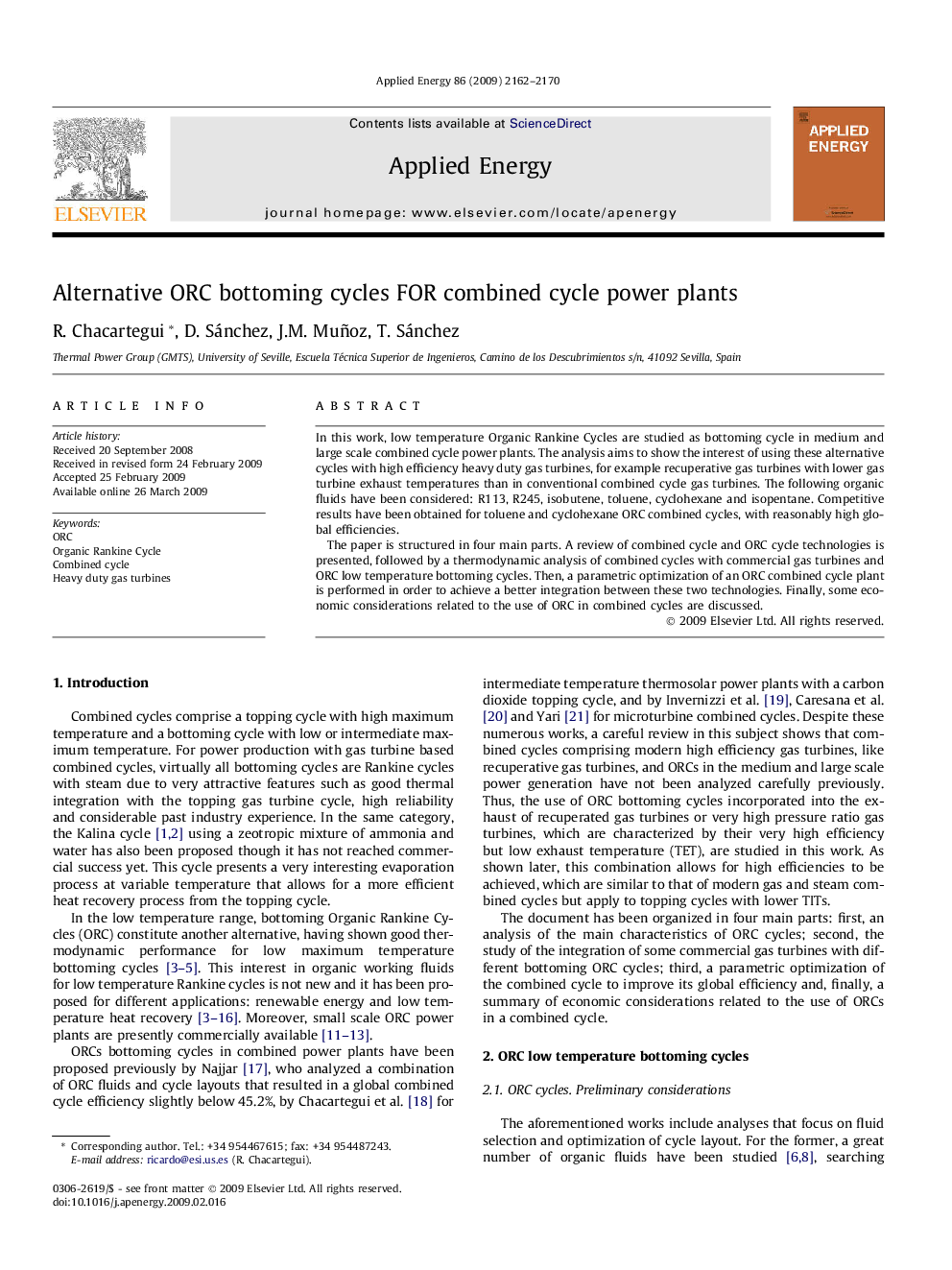 Alternative ORC bottoming cycles FOR combined cycle power plants