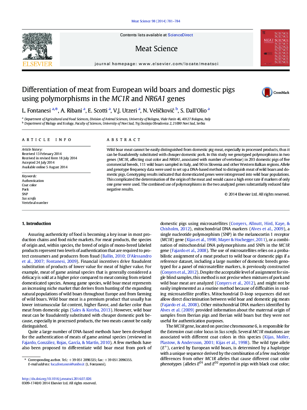 Differentiation of meat from European wild boars and domestic pigs using polymorphisms in the MC1R and NR6A1 genes