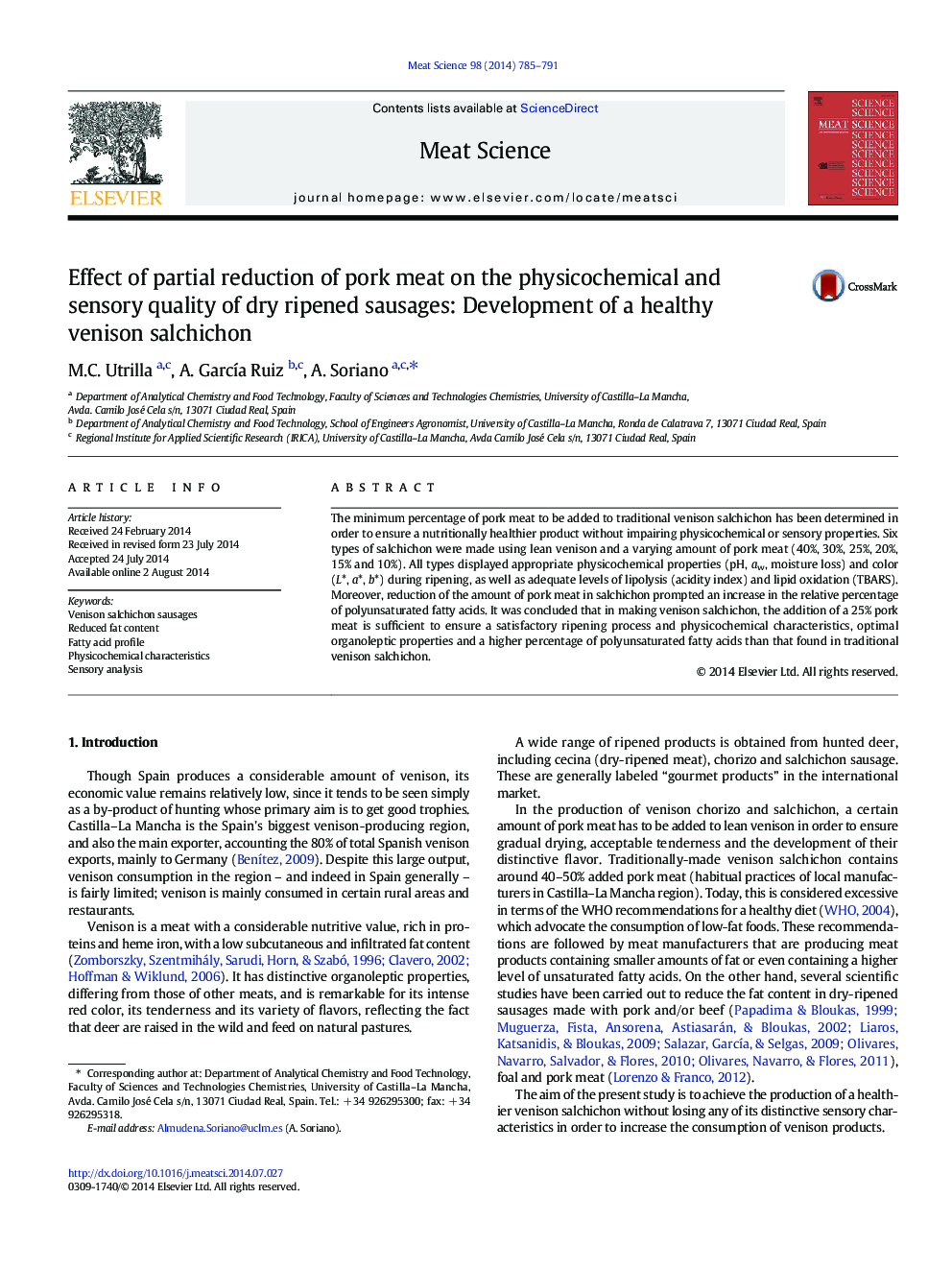 Effect of partial reduction of pork meat on the physicochemical and sensory quality of dry ripened sausages: Development of a healthy venison salchichon