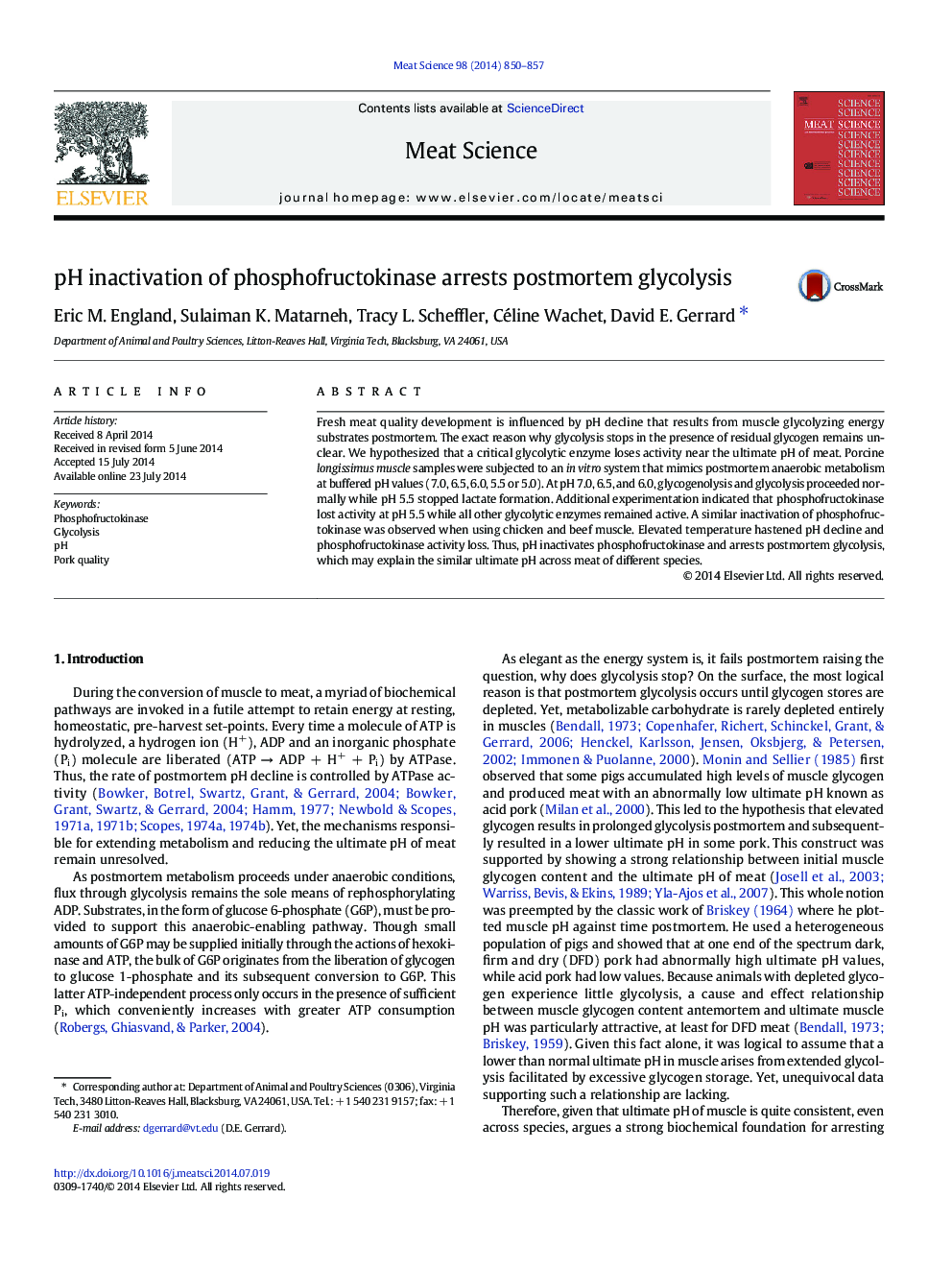 pH inactivation of phosphofructokinase arrests postmortem glycolysis