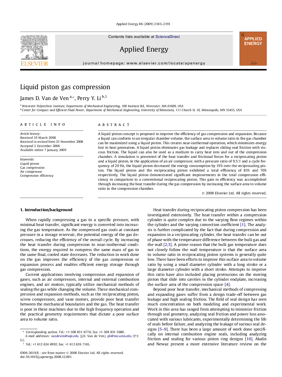 Liquid piston gas compression