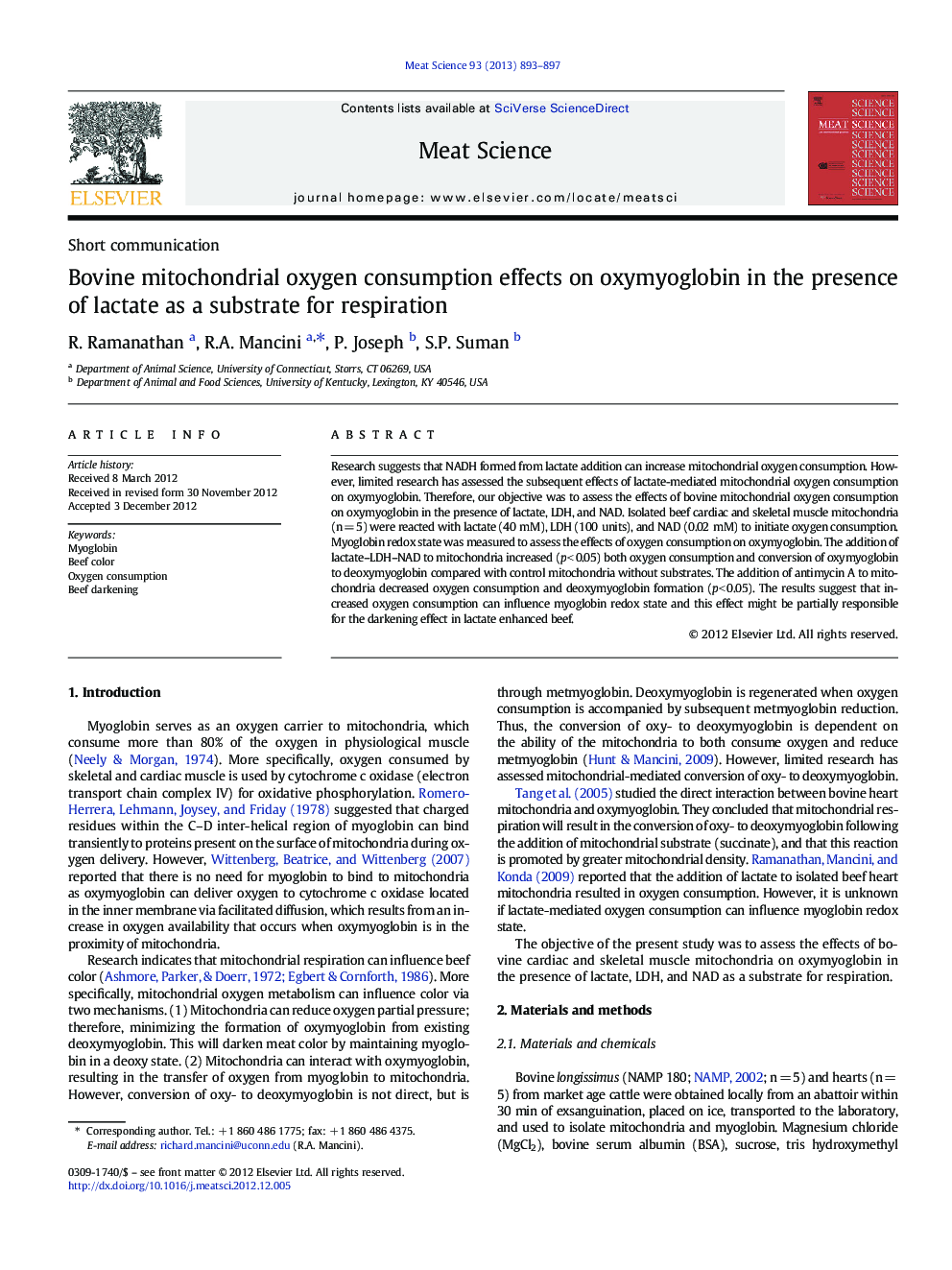 Bovine mitochondrial oxygen consumption effects on oxymyoglobin in the presence of lactate as a substrate for respiration