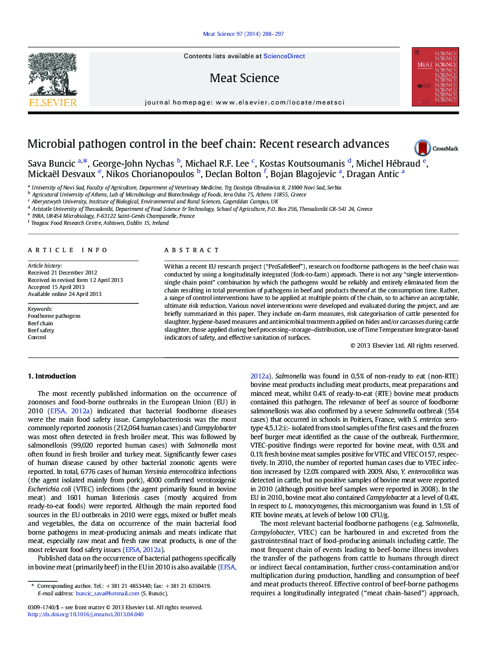 Microbial pathogen control in the beef chain: Recent research advances