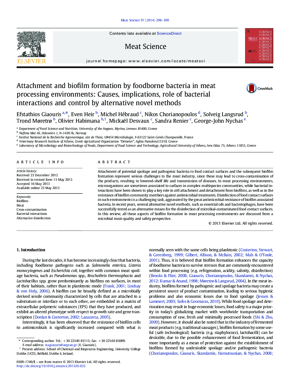 Attachment and biofilm formation by foodborne bacteria in meat processing environments: Causes, implications, role of bacterial interactions and control by alternative novel methods