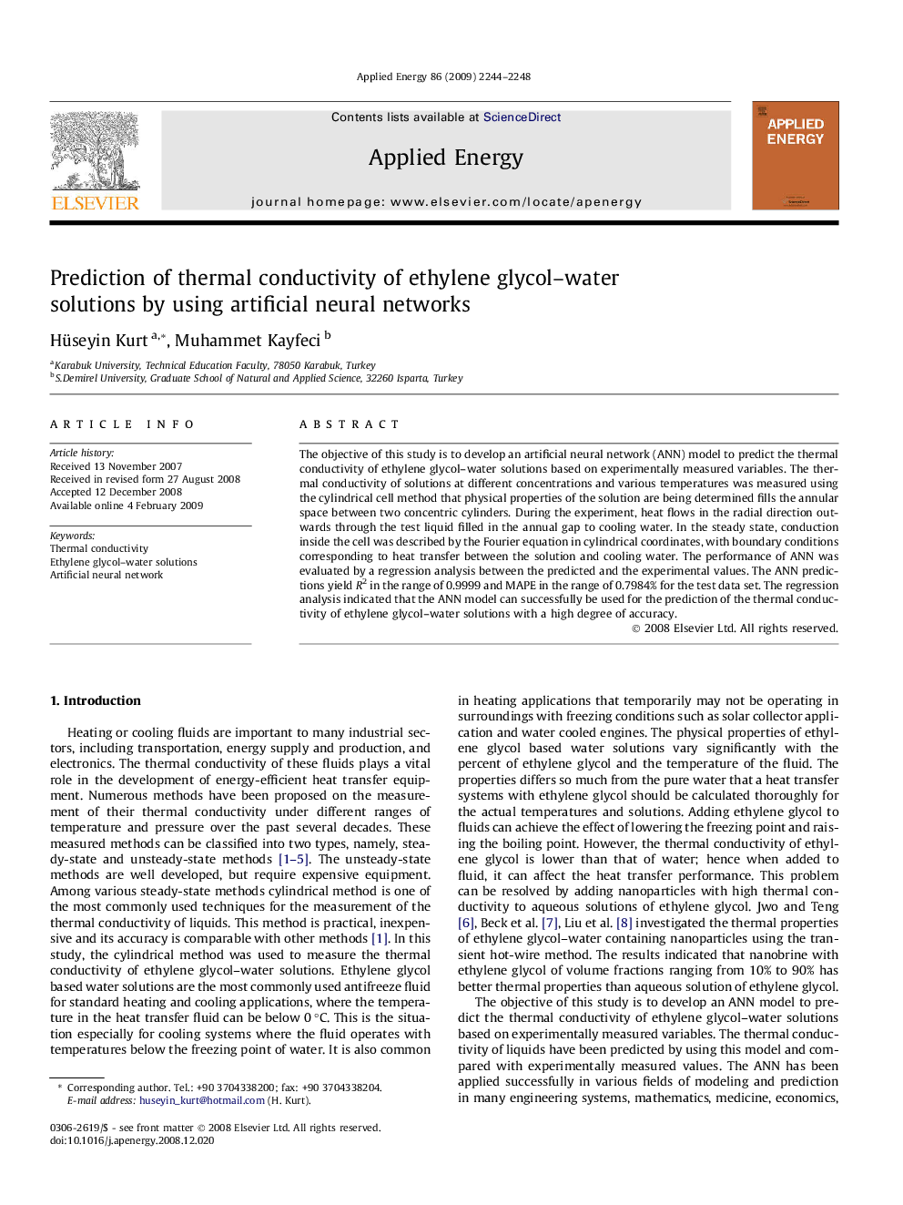 Prediction of thermal conductivity of ethylene glycol–water solutions by using artificial neural networks